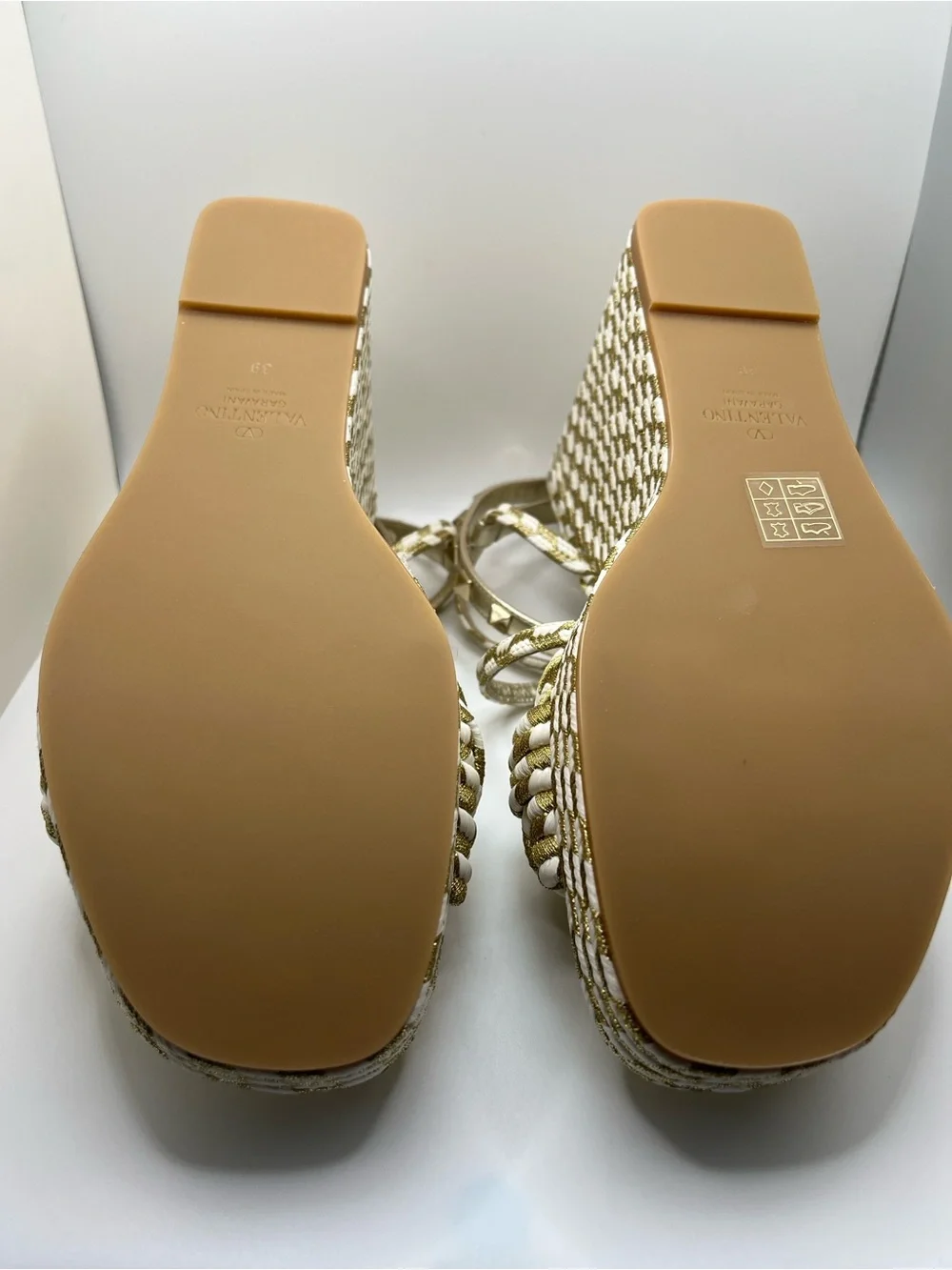 Valentino Garavani Metallic Gold and White Braided Ankle-Strap Heels